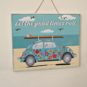 Vintage πινακίδα VW Beetle "Let The Good Times Roll" ξύλινη χειροποίητη