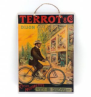 Πινακίδα vintage αφίσα Terrot & Co Cycles Motorettes ξύλινη χειροποίητη